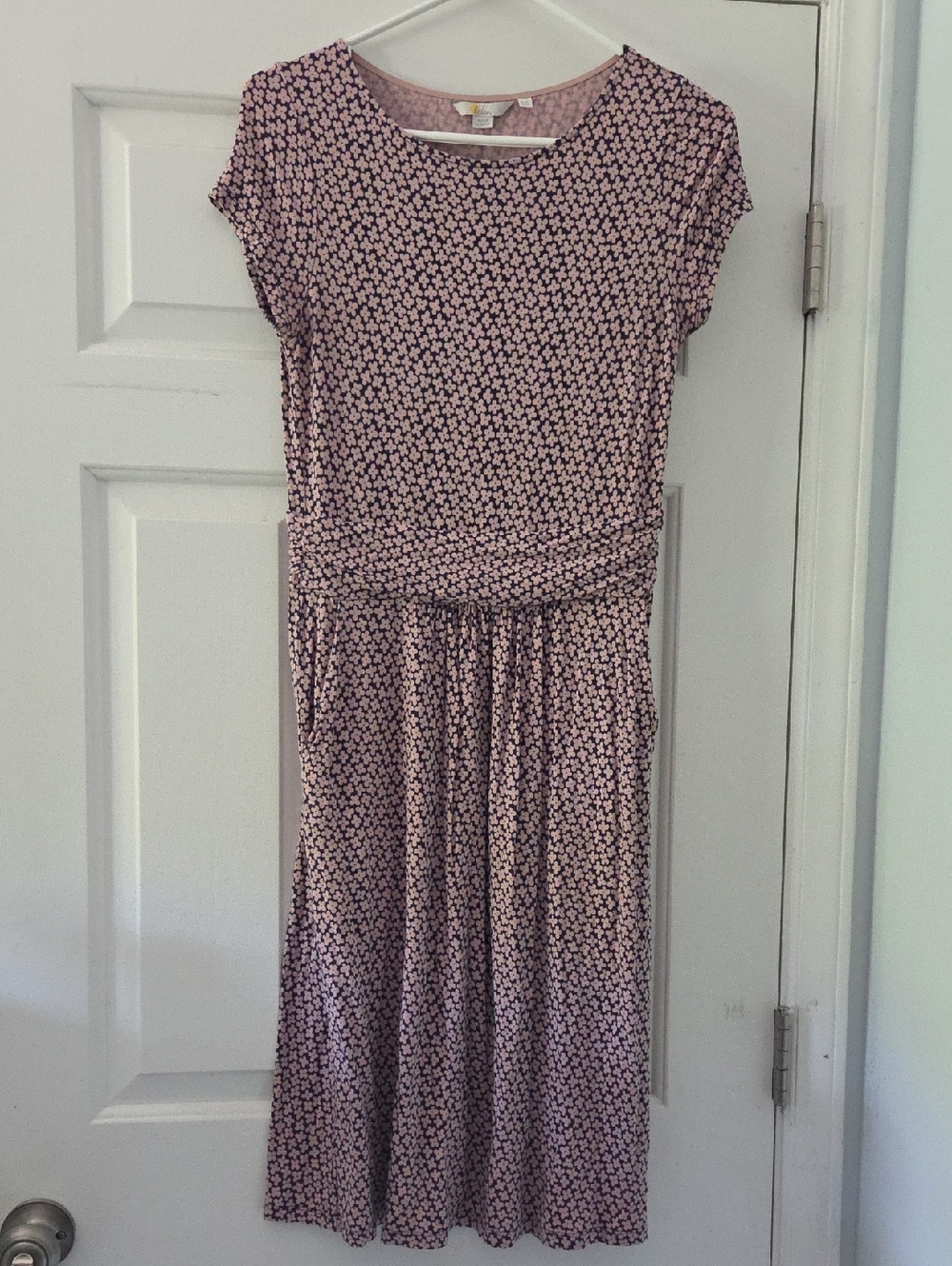 Boden Pink Micro-Floral Midi Dress with Waist Tie
